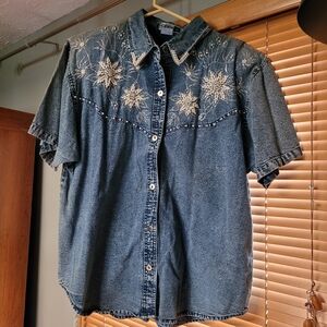 Embroidered Denim Button Down Shirt